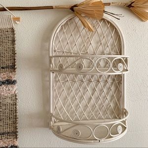 White Wicker & Wood Boho Hanging Shelf